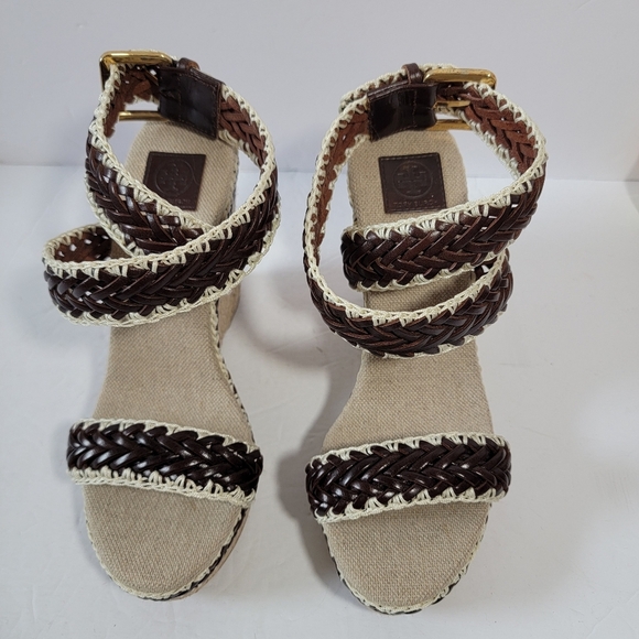 NEW Tory Burch Brown Woven Leather Paloma Ankle Strap Espadrille Wedge Sz 37.5 - Picture 3 of 12